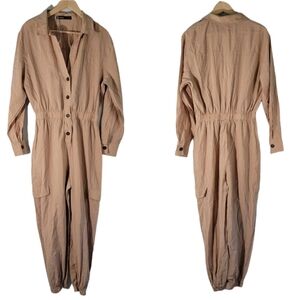 NEW Bershka Women Full Length Jumpsuit Sz L Tan Lyocell Elastic Waist Long Sleev